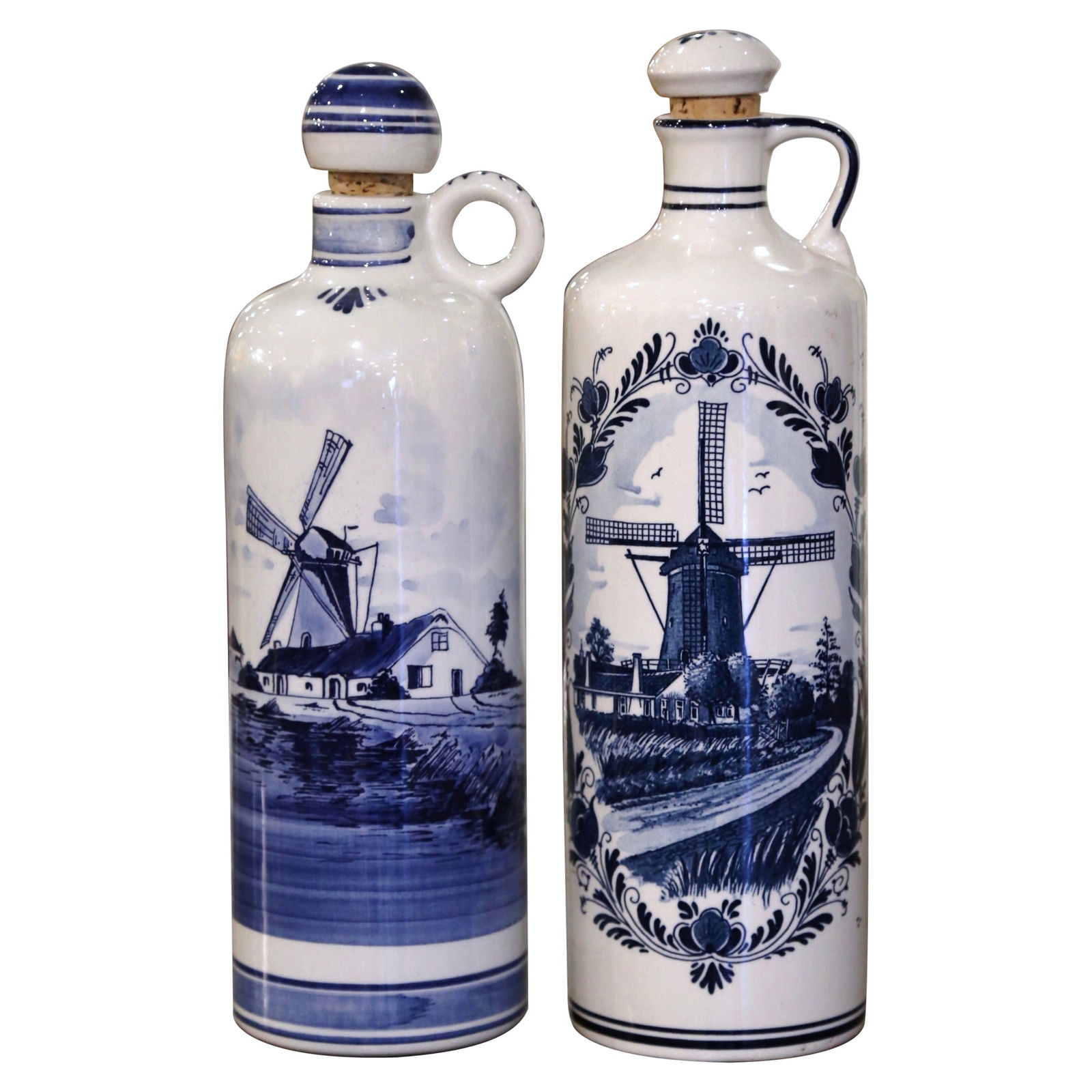 Set of 2 Midcentury Dutch Delft Olive Oil Bottles Hand-Painted Ceramic: Set of 2 Midcentury Dutch Delft Olive Oil Bottles Hand-Painted Ceramic Enhance your kitchen or display with this exquisite pair of Midcentury Dutch olive oil bottles. Crafted in the Netherlands circa