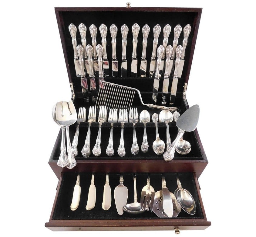 Alvin Chateau Rose Sterling Silver Flatware Set for 18 121 Pieces with Storage Chest: Alvin Chateau Rose Sterling Silver Flatware Set for 18 121 Pieces with Storage Chest This exquisite Chateau Rose by Alvin Sterling Silver Flatware Set offers a complete dining experience for 18, featu