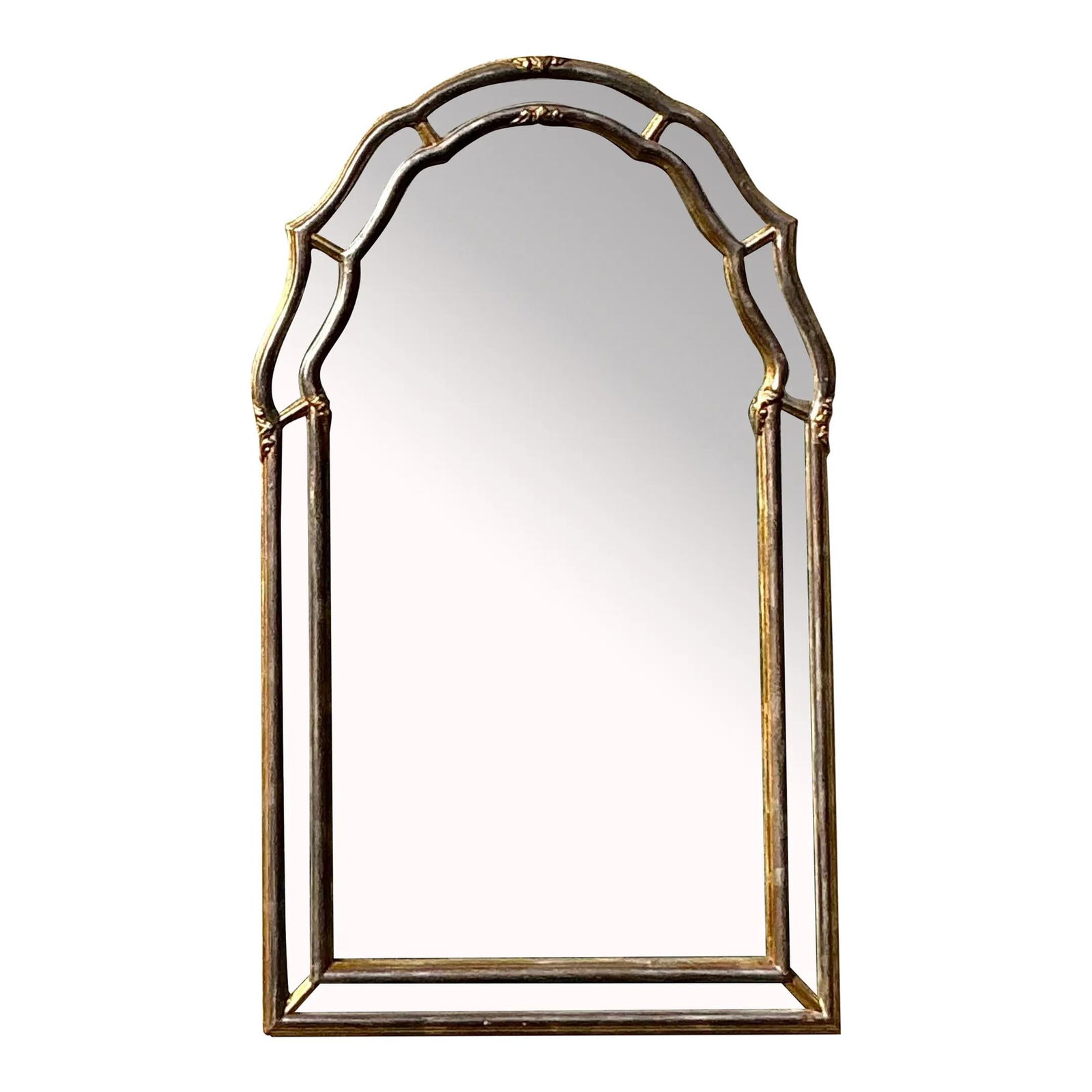 Vintage Regency Arched Mirror with Silver Gilt Detailing: Vintage Regency Arched Mirror with Silver Gilt Detailing Enhance your home decor with this exquisite vintage Regency arched silver gilt tipped mirror. Showcasing a gracefully arched silhouette and int