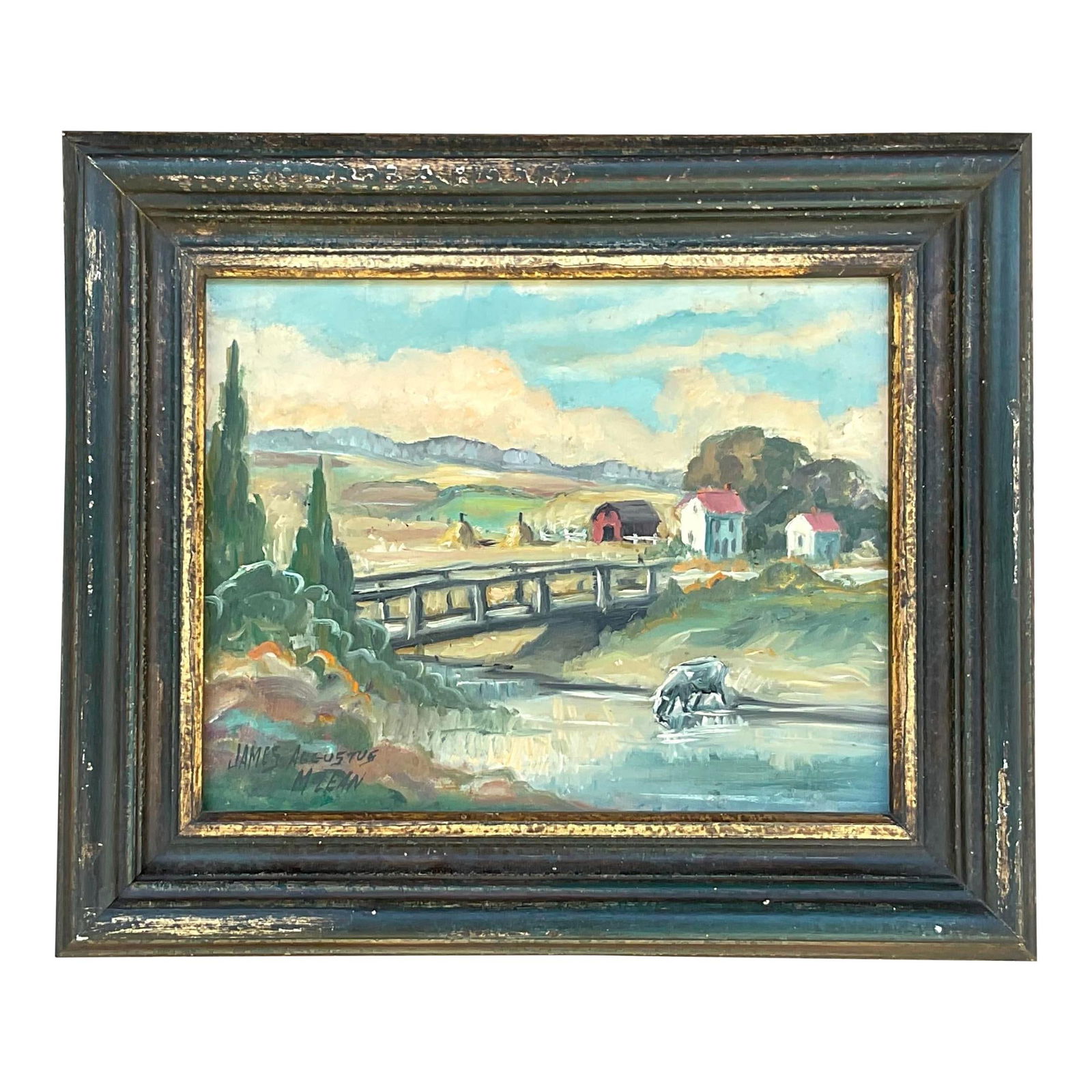 Vintage Boho Oil Painting by James Augustus McLean Signed: Vintage Boho Oil Painting by James Augustus McLean Signed This vintage Boho original oil painting features a stunning pastoral landscape created by the renowned artist James Augustus McLean. Signed by