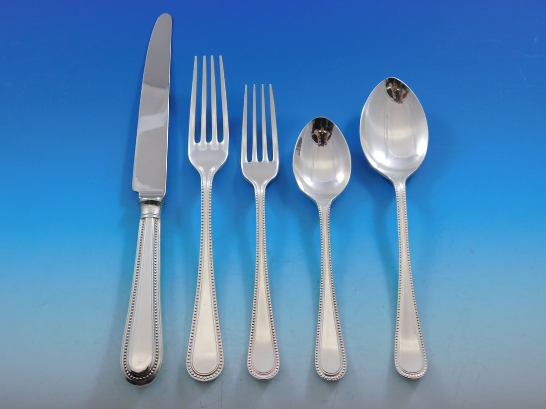 Carrs Bead Round Sterling Silver Flatware Set for 12 - 63 Pieces in Vintage Chest: Carrs Bead Round Sterling Silver Flatware Set for 12 - 63 Pieces in Vintage Chest Elevate your dining experience with this exquisite Bead Round flatware set by Carrs, composed of high-quality sterling