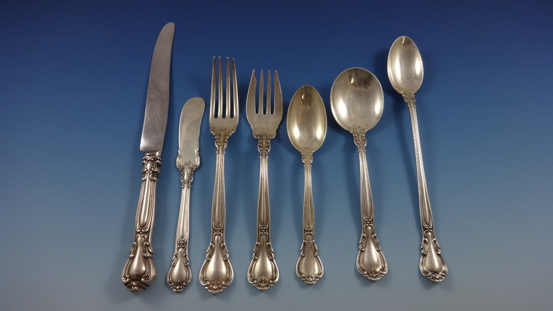 Gorham Chantilly Sterling Silver Flatware Set for 8 with 78 Pieces: Gorham Chantilly Sterling Silver Flatware Set for 8 with 78 Pieces This Chantilly by Gorham Sterling Silver Flatware Set offers a sophisticated service for eight, featuring a total of 78 meticulously