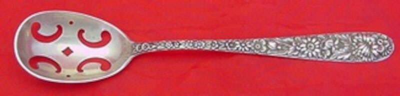 Kirk Repousse Sterling Silver Olive Spoon Pierced 6 Inch Original: Kirk Repousse Sterling Silver Olive Spoon Pierced 6 Inch Original This exquisite olive spoon from the renowned Kirk brand features the classic Repousse pattern, showcasing intricate design work in ste