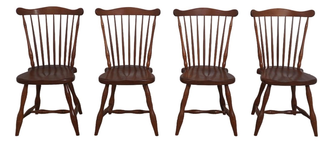 Set of 4 Frederick Duckloe Cherry Windsor Dining Chairs: Set of 4 Frederick Duckloe Cherry Windsor Dining Chairs This set of four Frederick Duckloe Cherry Windsor dining room chairs showcases a classic fan back design, expertly crafted from solid cherry woo