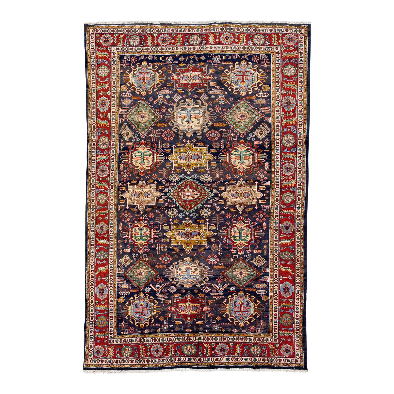 1960s Vintage Heriz Handmade Wool Rug Blue Geometric Design 6'11 x 10'10: 1960s Vintage Heriz Handmade Wool Rug Blue Geometric Design 6'11 x 10'10 Enhance your living space with this stunning vintage Heriz handmade wool rug, featuring a vibrant blue field adorned with multi