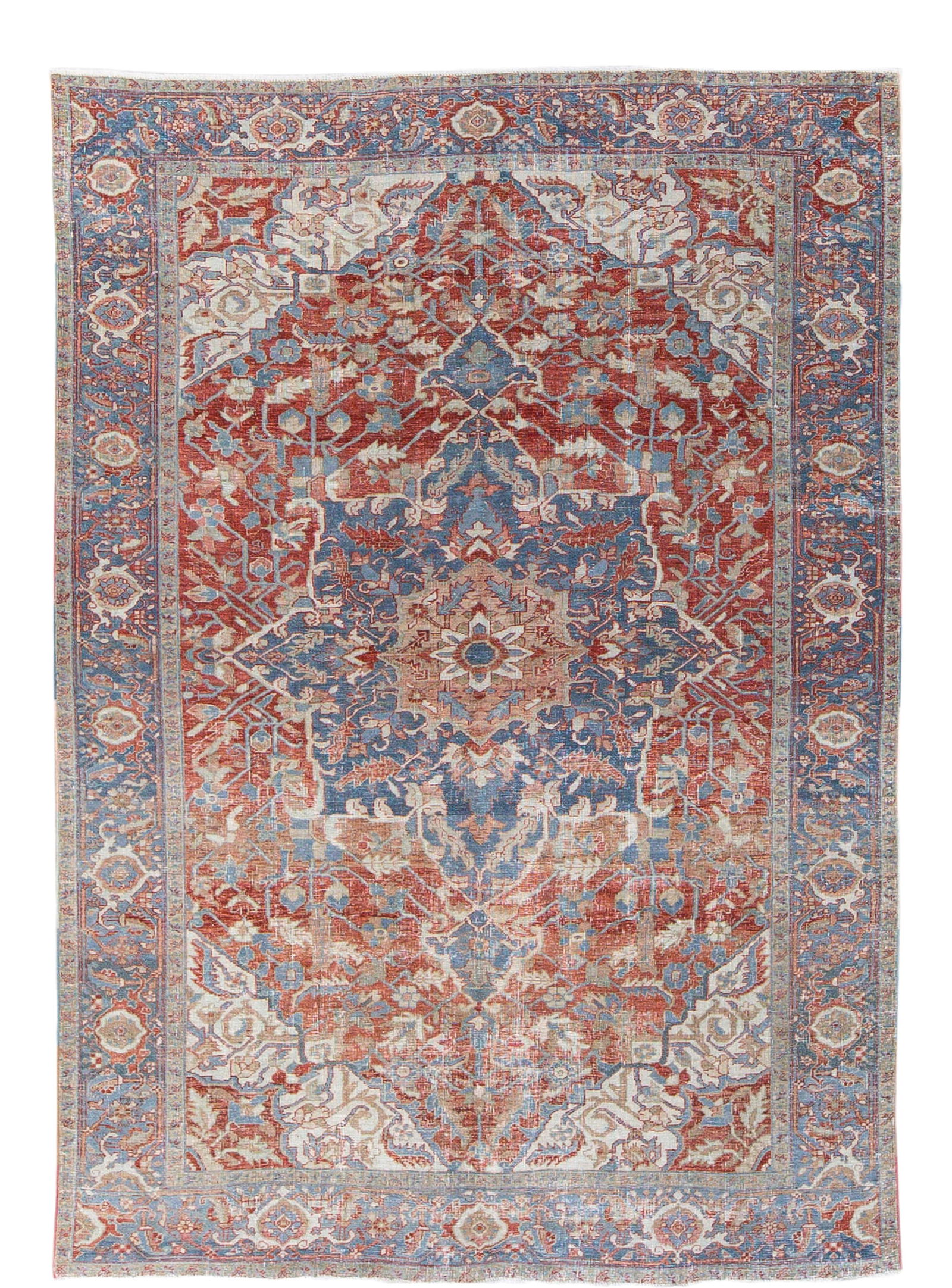 Antique Persian Heriz Hand-Knotted Wool Rug 7'3 x 10'8 Floral Medallion: Antique Persian Heriz Hand-Knotted Wool Rug 7'3 x 10'8 Floral Medallion Discover the charm of this exquisite antique Persian Heriz rug, masterfully hand-knotted with a striking red field. The design f