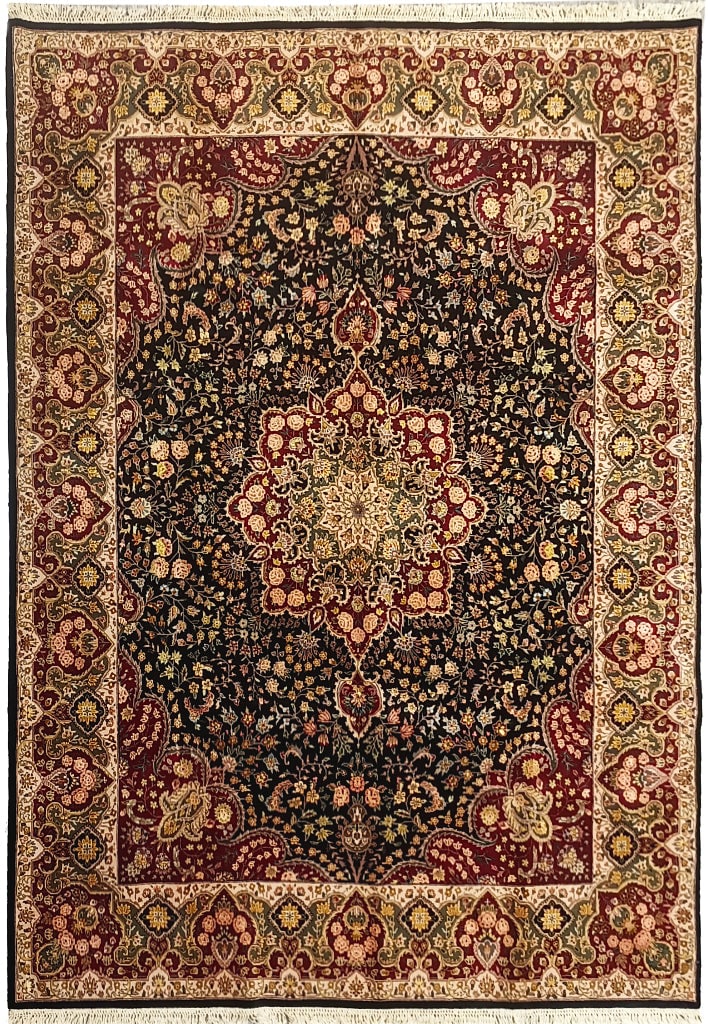 7.9 x 10 Hand-Knotted Wool Silk Rug Black Burgundy Tabriz Design: 7.9 x 10 Hand-Knotted Wool Silk Rug Black Burgundy Tabriz Design Free continental US Shipping Enhance your living space with this exquisite 7.9 x 10 feet Quality Wool and Silk Rug, showcasing a striki