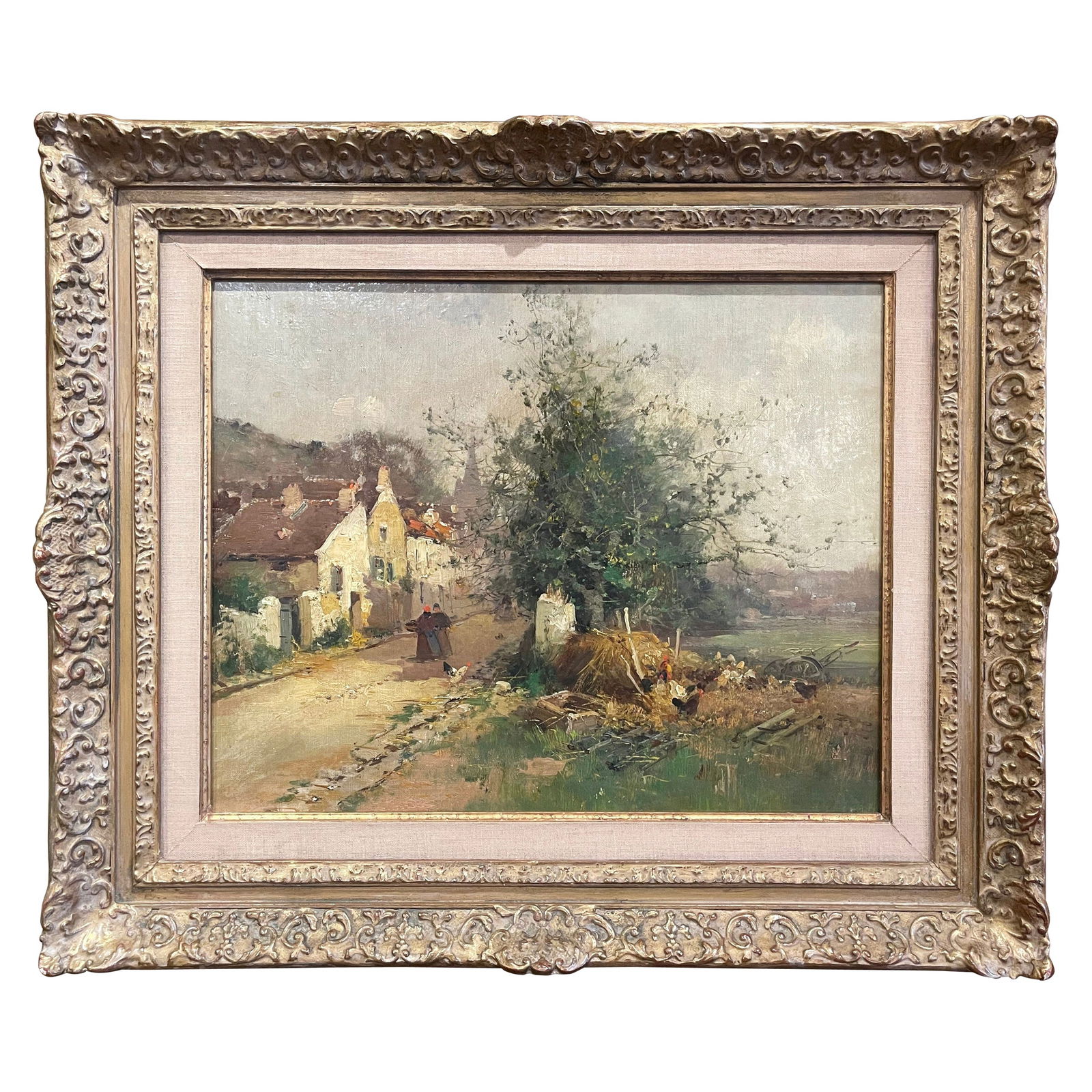 19th Century French Oil Painting by E. Galien-Laloue Signed Village Scene: 19th Century French Oil Painting by E. Galien-Laloue Signed Village Scene This exquisite late 19th-century oil painting, created by French artist Eugene Galien-Laloue, captures a charming countryside