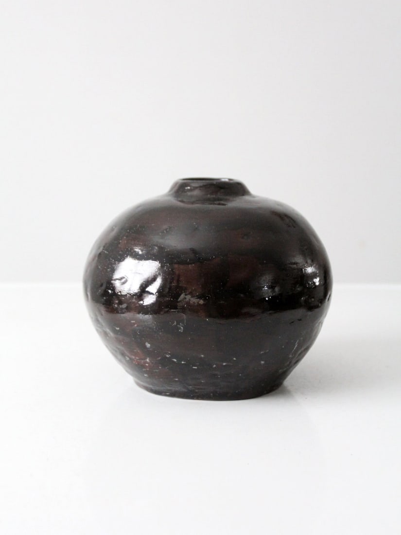 Signed Vintage Studio Pottery Vase Dark Brown Glossy Finish (1 of 13)