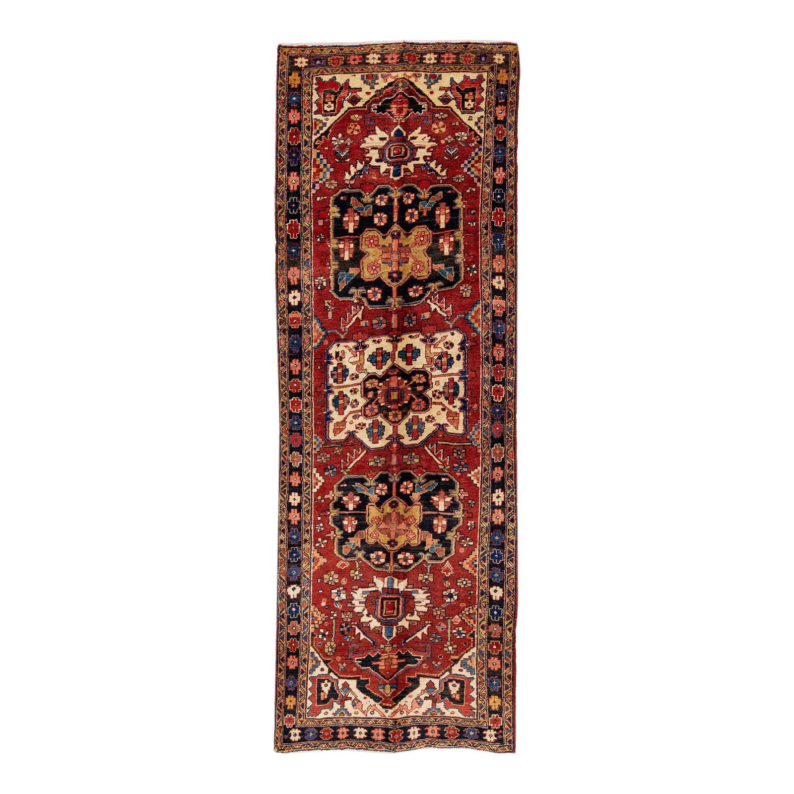 1960s Vintage Persian Heriz Red Wool Runner Medallion 3'9 x 11'2: 1960s Vintage Persian Heriz Red Wool Runner Medallion 3'9 x 11'2 This stunning vintage Persian Heriz runner showcases exquisite hand-knotting in rich red wool. The piece features a striking all-over m
