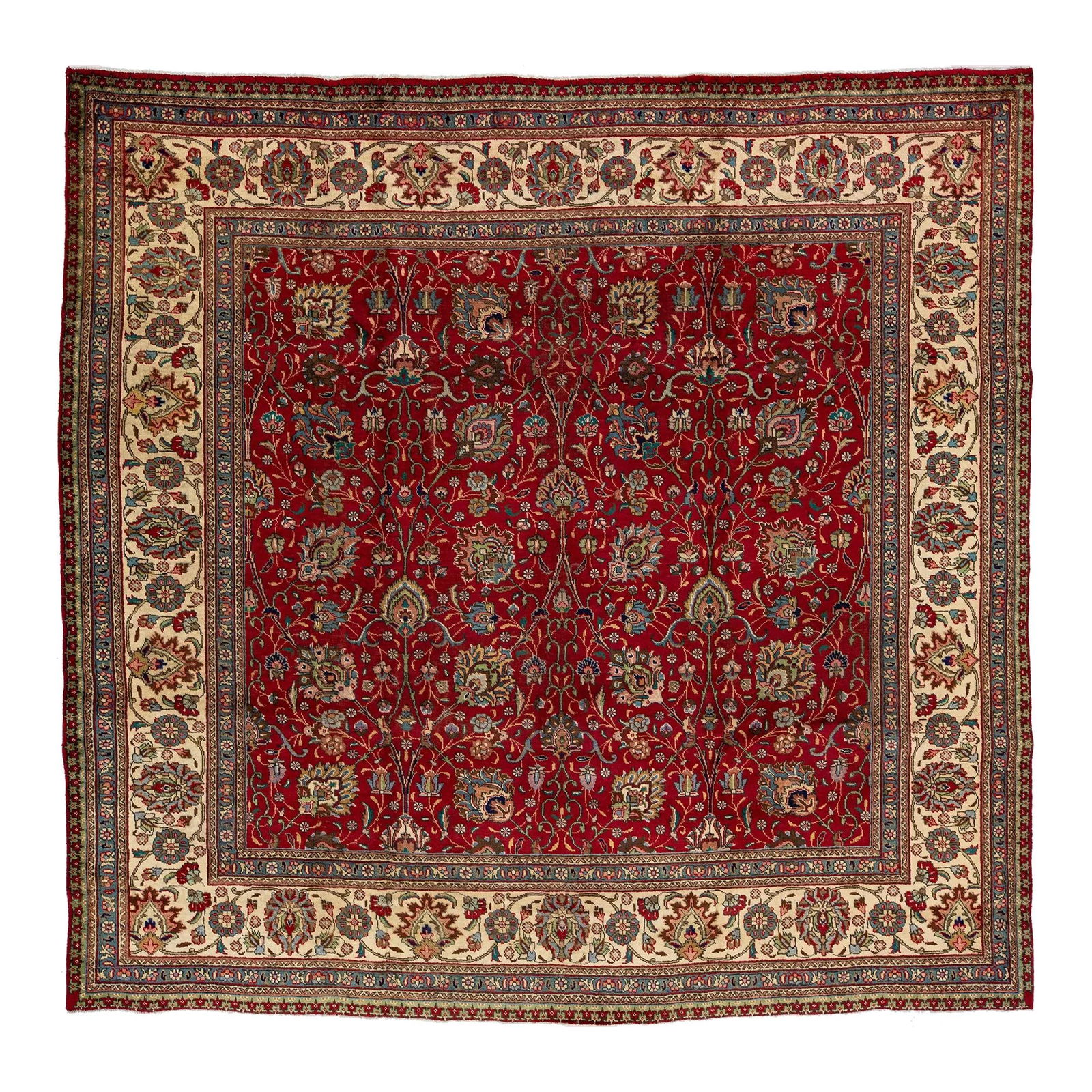 1960s Vintage Tabriz Floral Wool Rug 9'10 x 9'8 Red: 1960s Vintage Tabriz Floral Wool Rug 9'10 x 9'8 Red Enhance your living space with this stunning 1960s Vintage Tabriz square wool rug, featuring a vibrant red background adorned with a multicolored fl