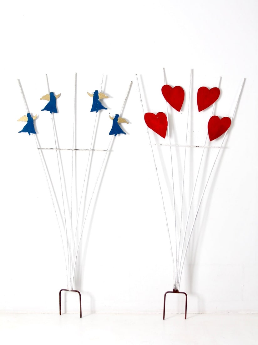 Charming Vintage Garden Trellises Pair with Hand-Painted Decor: Charming Vintage Garden Trellises Pair with Hand-Painted Decor Enhance your garden with this charming pair of vintage garden trellises. Each hand-crafted trellis features a sturdy rebar frame adorned