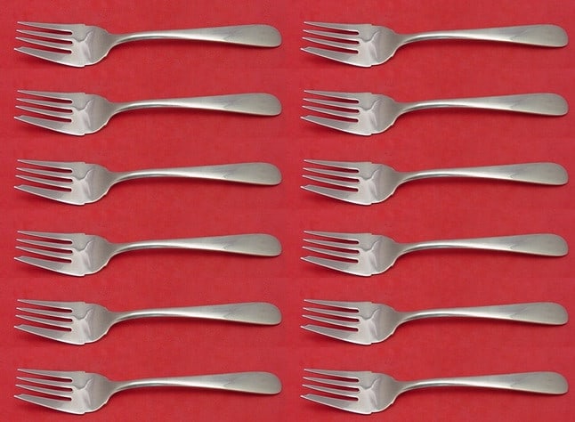 Kirk Old Maryland Plain Sterling Silver Salad Forks Set of 12: Kirk Old Maryland Plain Sterling Silver Salad Forks Set of 12 This exquisite set includes 12 sterling silver salad forks from the Old Maryland Plain pattern by Kirk. Each fork measures 6 3/8 inches an