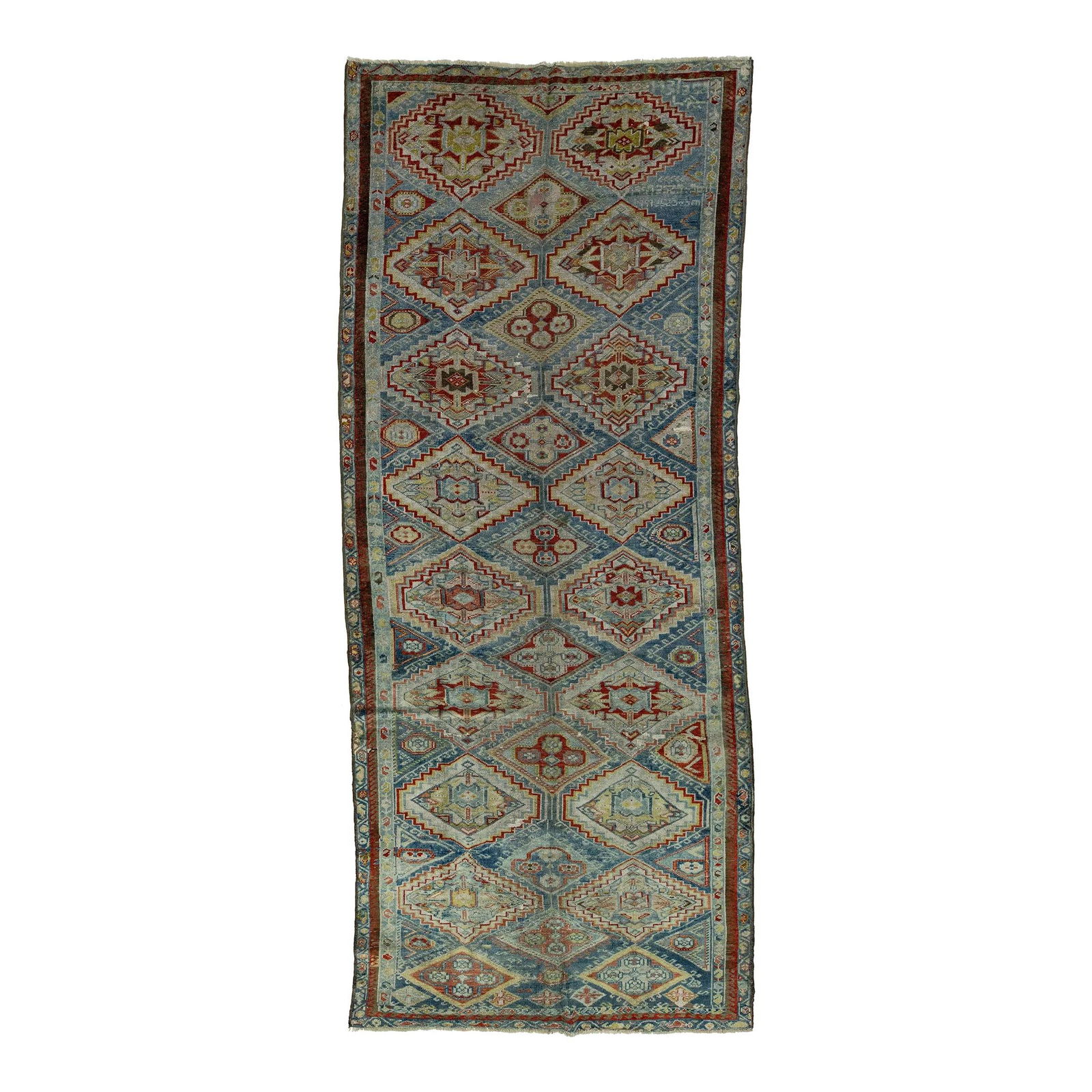 Antique Persian Afshar Blue Wool Rug 5'2 x 12'6 Geometric Design: Antique Persian Afshar Blue Wool Rug 5'2 x 12'6 Geometric Design This exquisite antique Persian Afshar rug showcases a stunning blue color field adorned with a vibrant red-designed frame and multicolo