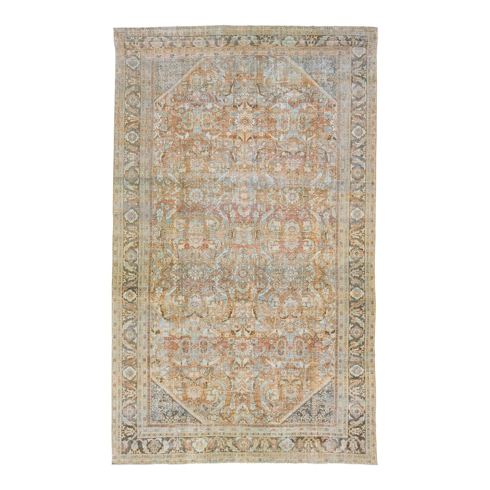 1920s Hand-Knotted Persian Mahal Wool Rug Orange Rust Floral 10'2 x 17': 1920s Hand-Knotted Persian Mahal Wool Rug Orange Rust Floral 10'2 x 17' Experience the elegance of this hand-knotted 1920s Mahal wool rug, featuring a stunning orange/rust field adorned with a traditi