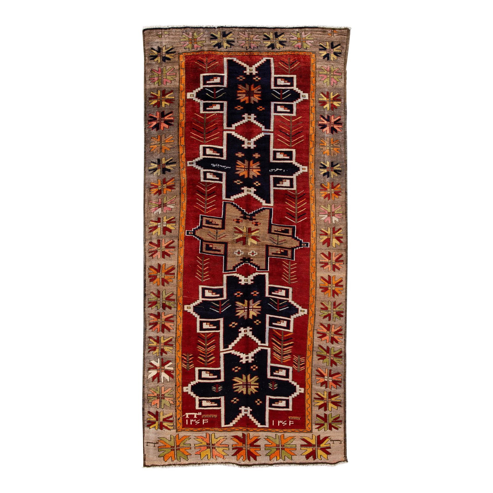 Vintage Azeri Handmade Red Wool Runner 5'5'' x 11'6'': Vintage Azeri Handmade Red Wool Runner 5'5'' x 11'6'' Discover the charm of this stunning vintage Azeri hand-knotted wool runner, featuring a vibrant red field adorned with multi-color accents. The in