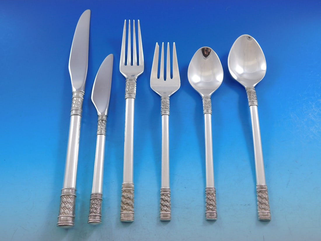 Wallace Aegean Weave Sterling Silver Flatware Set for 8 54 pcs with Storage Chest: Wallace Aegean Weave Sterling Silver Flatware Set for 8 54 pcs with Storage Chest This elegant Aegean Weave Plain flatware set by Wallace is crafted from high-quality sterling silver and designed for