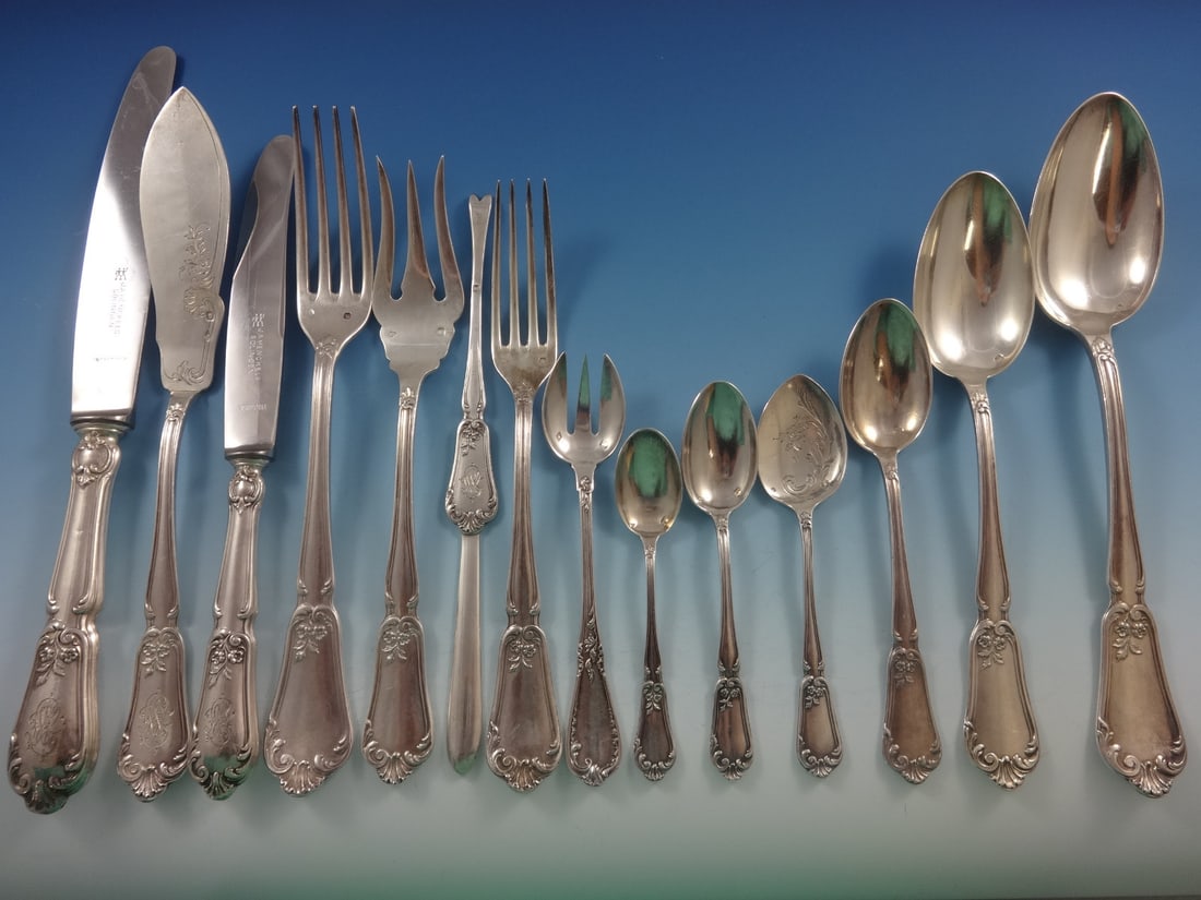 Henin & Cie 950 Sterling Silver Flatware Set 165 Pieces for 12: Henin & Cie 950 Sterling Silver Flatware Set 165 Pieces for 12 Presenting a stunning 165-piece flatware set crafted from 950 sterling silver by Henin & Cie, dating back to 1896 in Paris. This exquisit