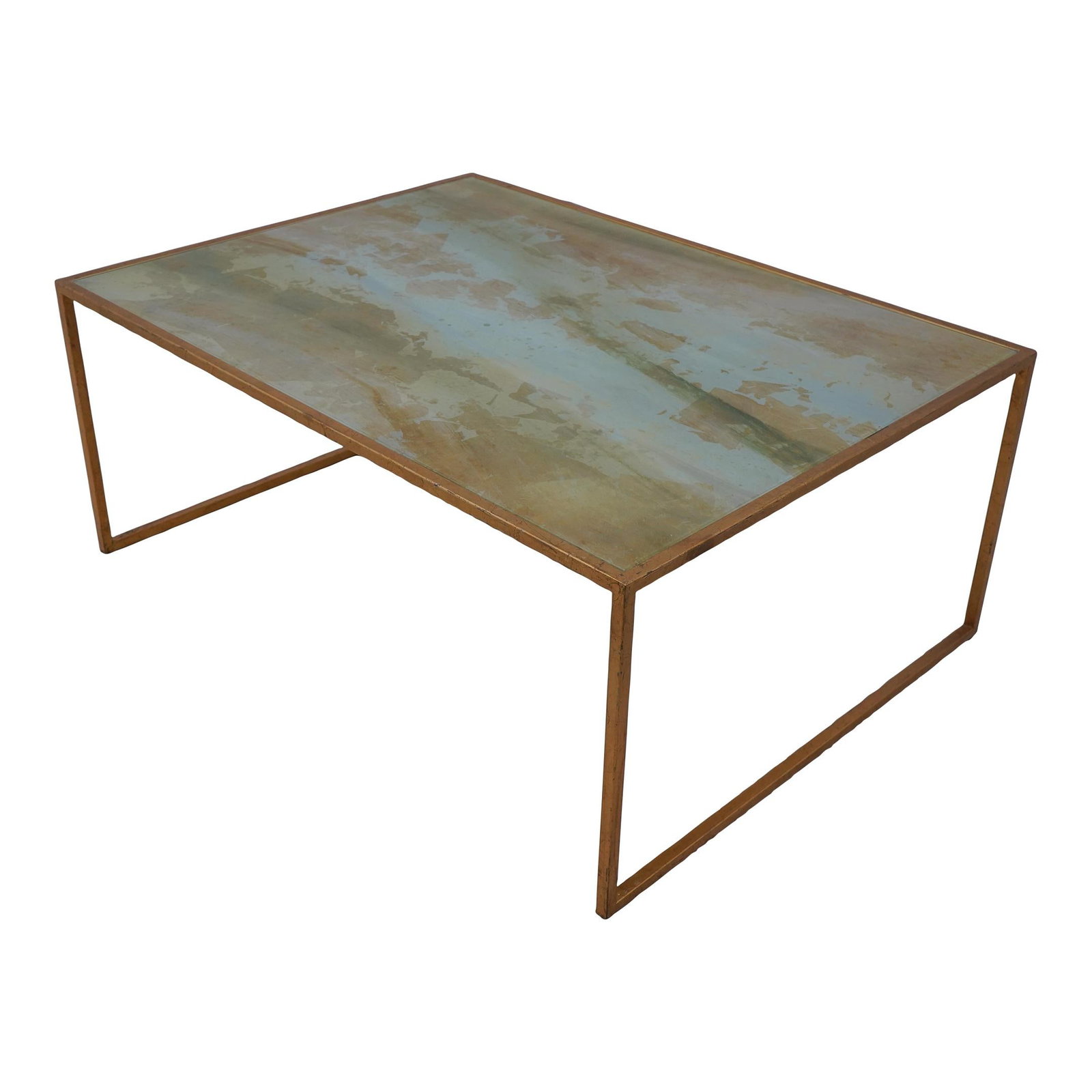 Modern Gold Leaf Reverse Painted Coffee Table 48x36: Modern Gold Leaf Reverse Painted Coffee Table 48x36 This stunning modern coffee table features a striking gold leaf finish and reverse painted glass, creating an eye-catching centerpiece for any livin