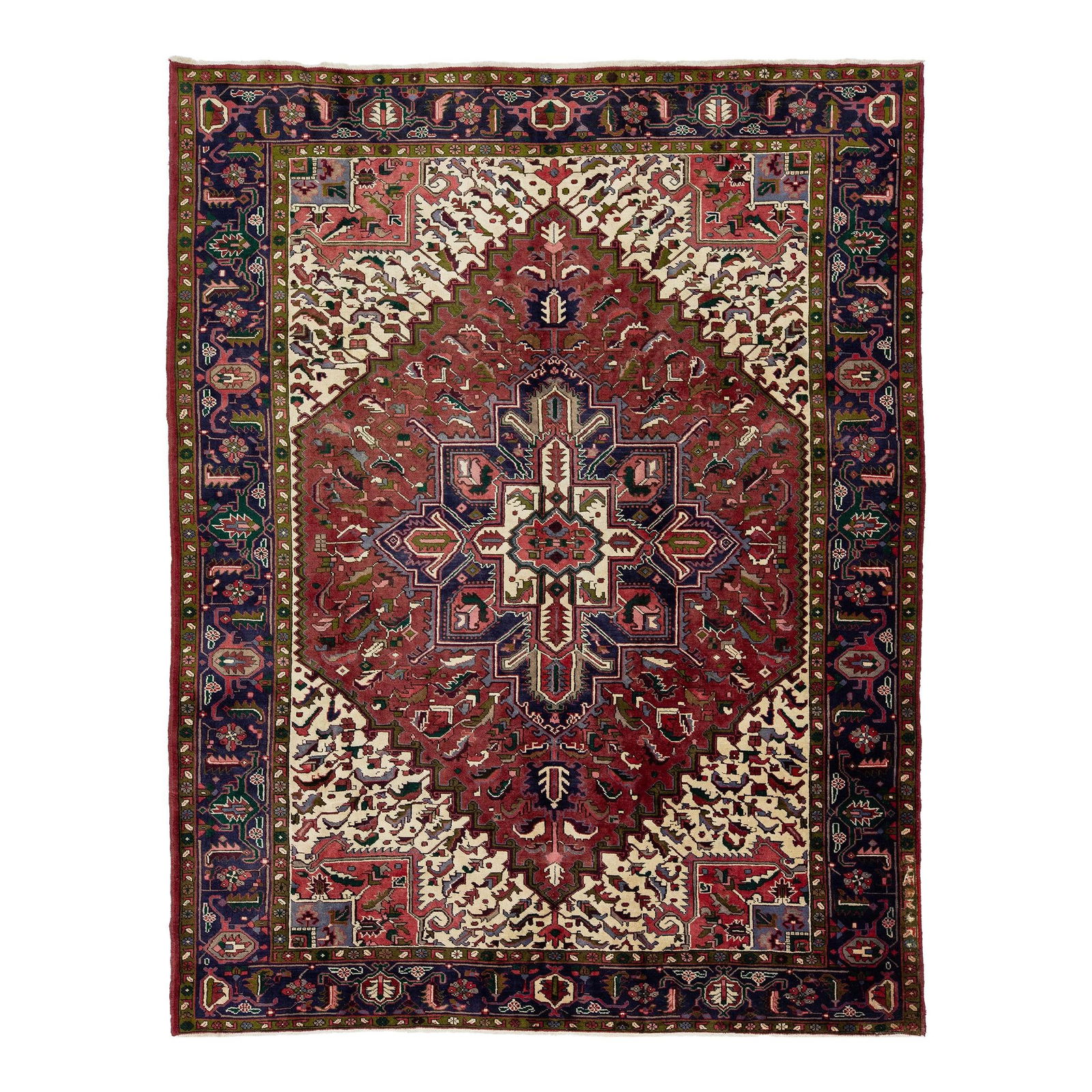 Vintage Heriz Geometric Wool Rug Red 8'1 x 10'5 Handmade: Vintage Heriz Geometric Wool Rug Red 8'1 x 10'5 Handmade Discover a stunning vintage handmade Heriz wool rug featuring a vibrant red field complemented by a purple-blue frame and multicolor accents in