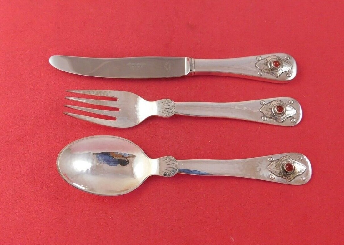 Georg Jensen 3-Piece Sterling Silver Dessert Set with Carnelian Inset: Georg Jensen 3-Piece Sterling Silver Dessert Set with Carnelian Inset This exquisite 3-piece dessert set by Georg Jensen showcases a timeless design crafted from sterling silver with beautiful carneli