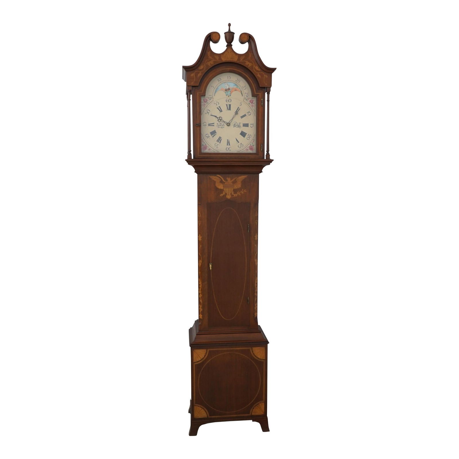 Colonial Joseph Doll Mahogany Grandfather Clock with Inlay Triple Weight Driven: Colonial Joseph Doll Mahogany Grandfather Clock with Inlay Triple Weight Driven This Colonial Joseph Doll Inlaid Mahogany Grandfather Clock features exquisite craftsmanship with intricate inlay work t