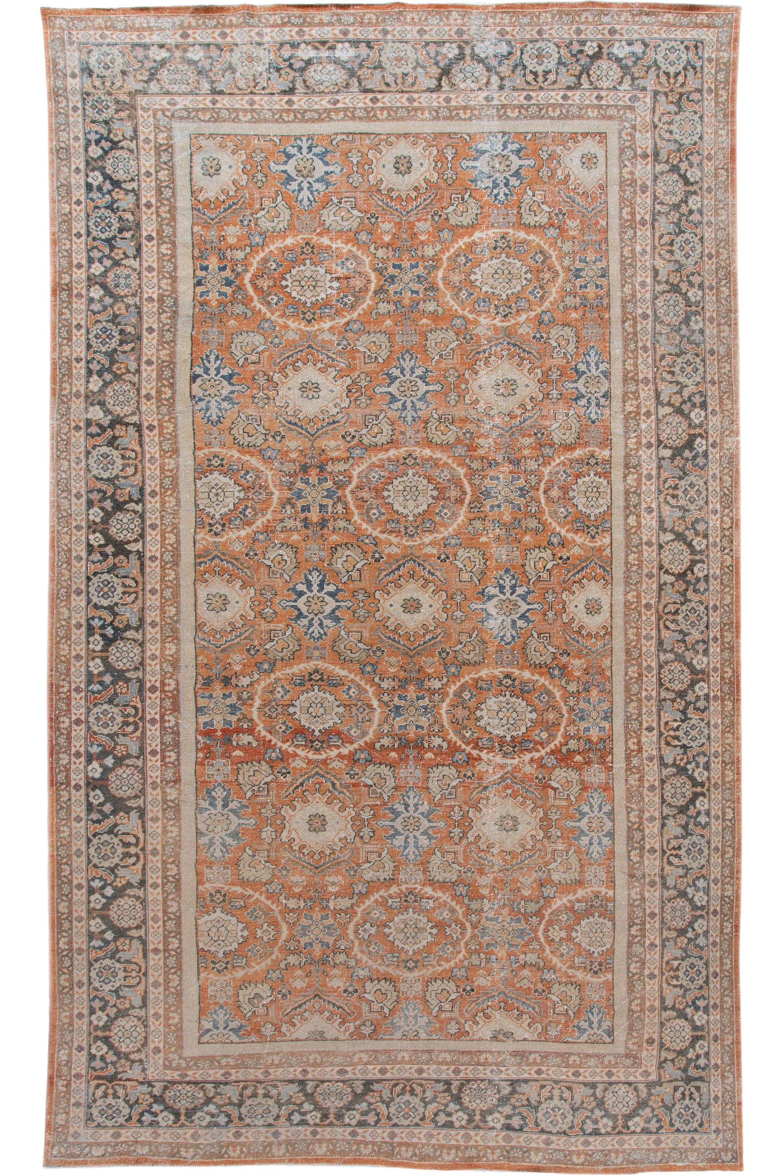Antique Mahal Hand-Knotted Wool Rug 9'6 x 16 Shabby Chic Floral Design: Antique Mahal Hand-Knotted Wool Rug 9'6 x 16 Shabby Chic Floral Design Discover the charm of this exquisite antique Mahal hand-knotted wool rug, featuring a stunning rust field complemented by a blue