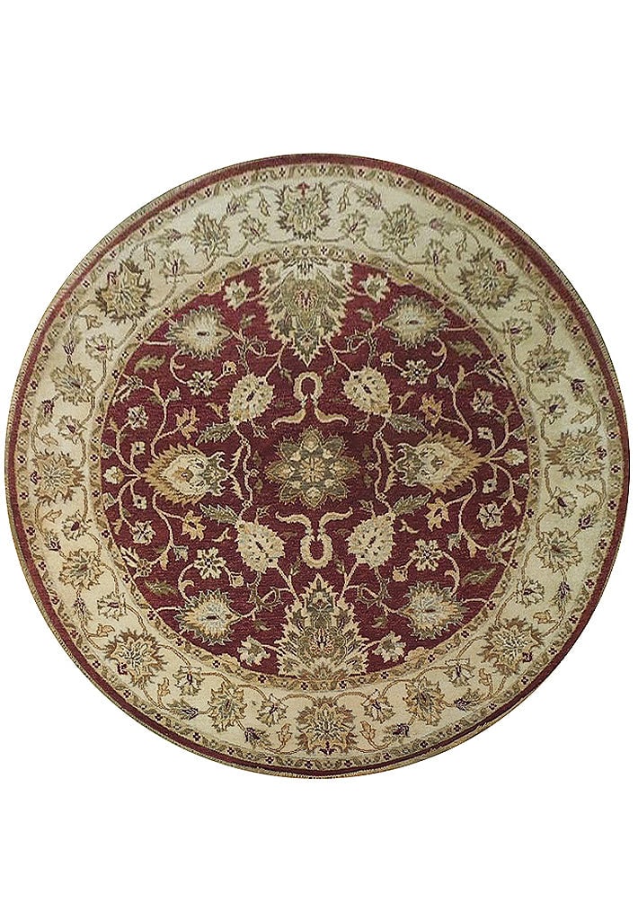 6' x 6' Round Hand-Knotted Chobi Rug in Burgundy Ivory Green: 6' x 6' Round Hand-Knotted Chobi Rug in Burgundy Ivory Green Free continental US Shipping Introducing the exquisite 6' x 6' Round Vegetable Dyed Chobi Rug, a stunning combination of traditional crafts
