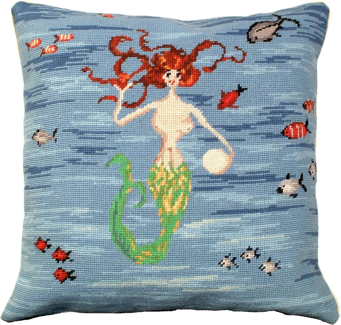 Charming Nautical Mermaid Needlepoint Pillow 18x18 Hand-Made Wool: Charming Nautical Mermaid Needlepoint Pillow 18x18 Hand-Made Wool Add a touch of whimsy to your decor with this Playful Nautical Mermaid Needlepoint Pillow. This charming pillow features a vibrant mer