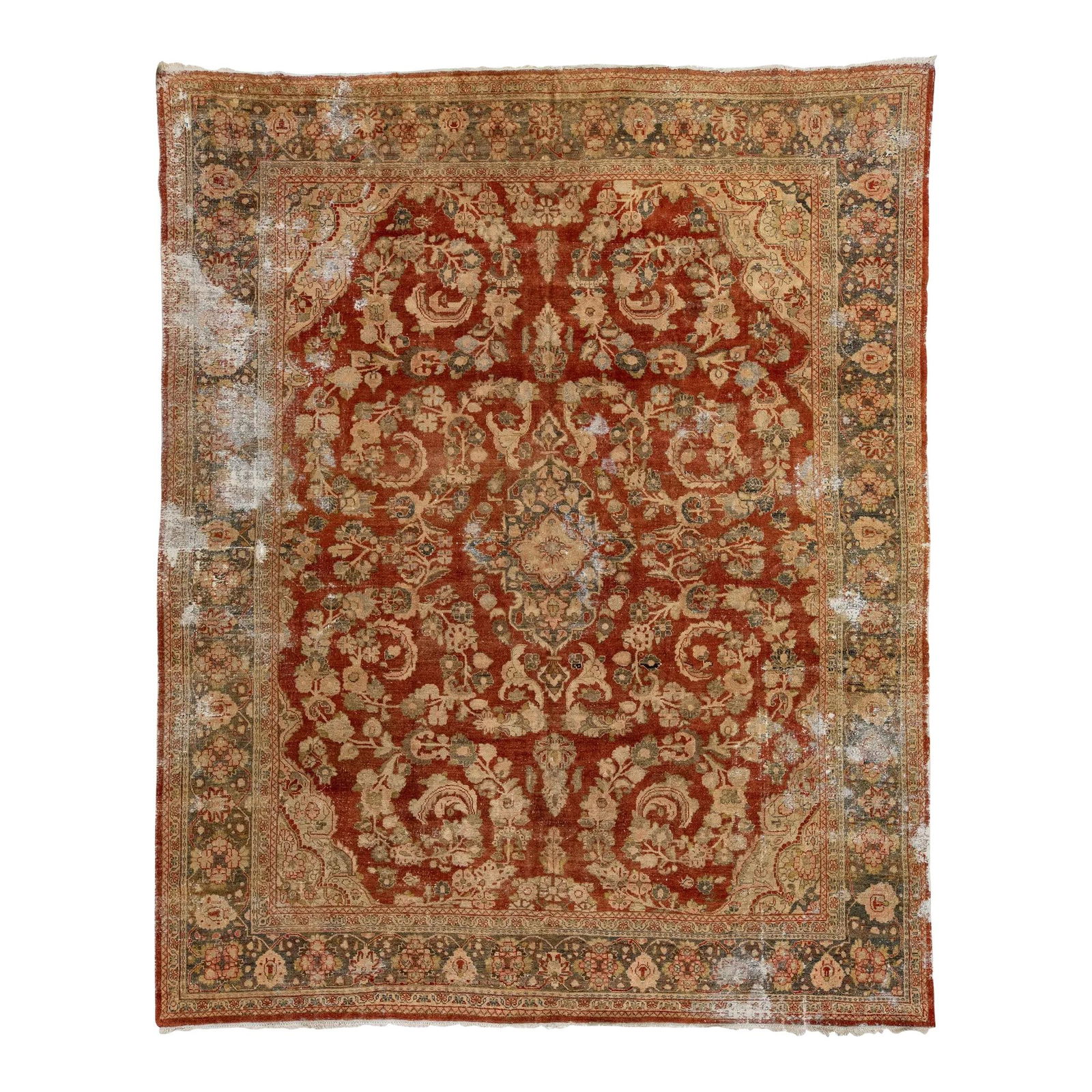 Antique Persian Mahal Hand-Knotted Wool Rug 10'10" x 13'4" in Rust Floral Design: Antique Persian Mahal Hand-Knotted Wool Rug 10'10" x 13'4" in Rust Floral Design This exquisite hand-knotted antique Persian Mahal rug showcases a stunning floral design with an all-over pattern in a