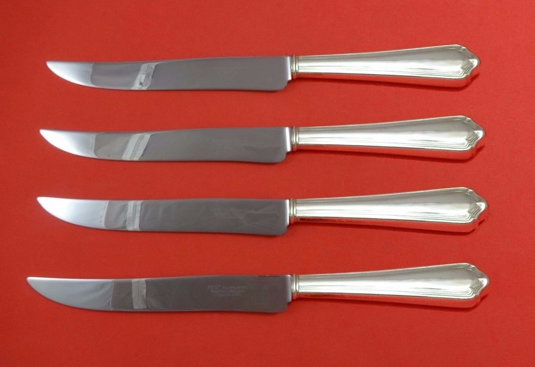 Watson Marlborough Sterling Silver Steak Knife Set 4pc Texas Sized: Watson Marlborough Sterling Silver Steak Knife Set 4pc Texas Sized Enhance your dining experience with this exquisite 4-piece steak knife set from the Marlborough pattern by Watson. Crafted from sterl
