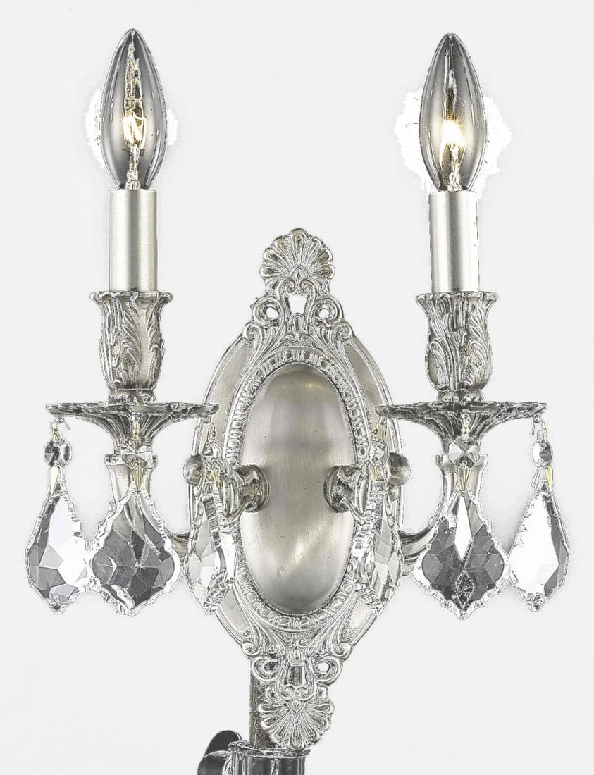 Rosalia 2-Light Pewter Wall Sconce 11.5" Crystal Fixture: Rosalia 2-Light Pewter Wall Sconce 11.5" Crystal Fixture Illuminate your space with this stunning 2-light wall sconce from the Rosalia collection, featuring a beautiful pewter finish complemented by r
