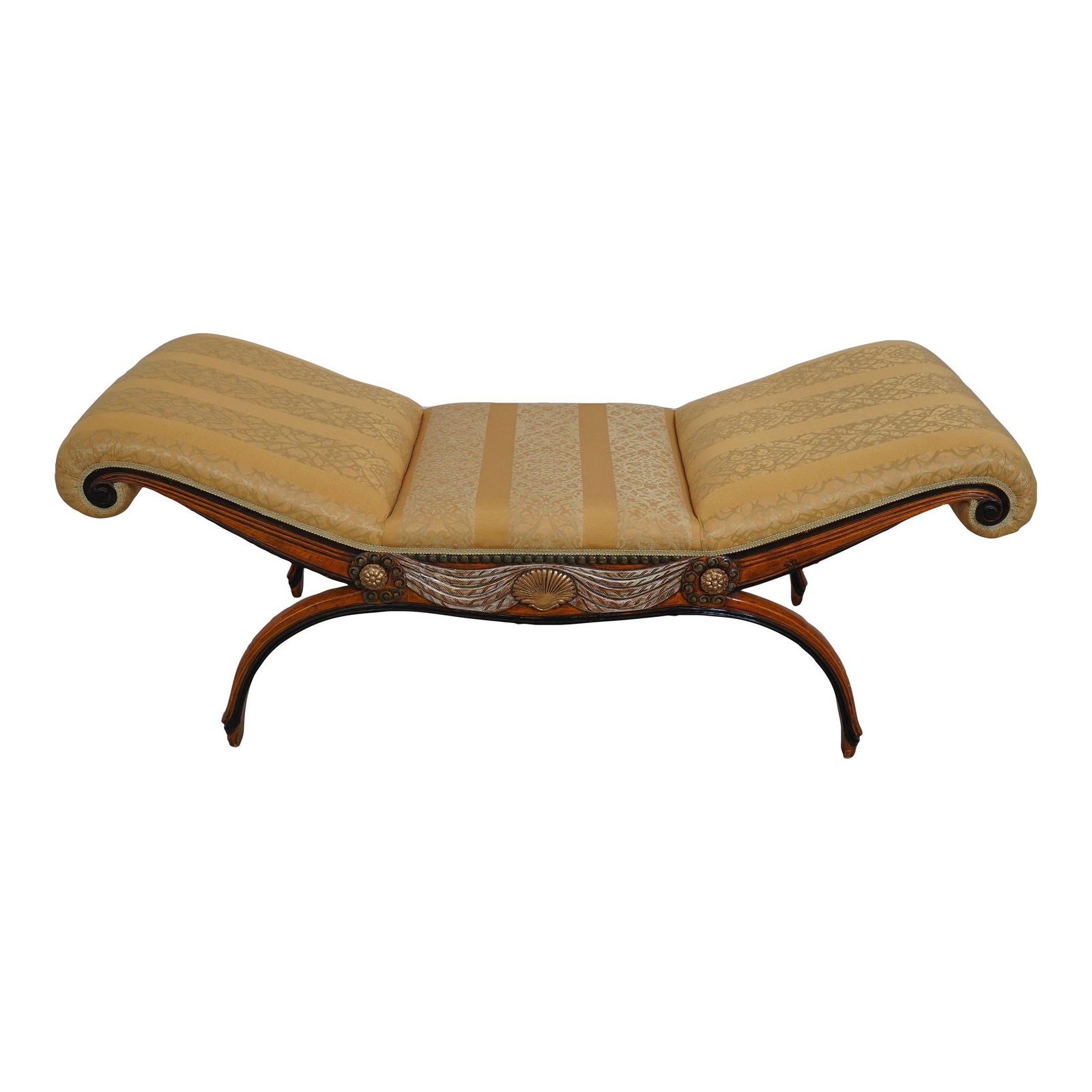 Elegant Neoclassical Upholstered Window Bench with Polychrome Finish: Elegant Neoclassical Upholstered Window Bench with Polychrome Finish This Neoclassical Upholstered Seat Window Bench features a beautifully crafted polychrome painted finish with elegant carved accent