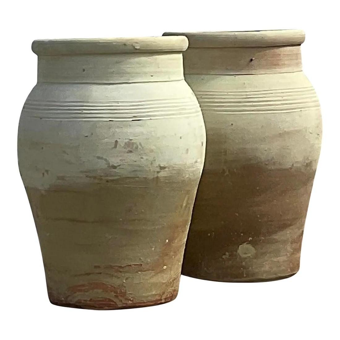 Chic Vintage Boho Terra Cotta Urns - Set of 2: Chic Vintage Boho Terra Cotta Urns - Set of 2 Enhance your decor with this exquisite set of two vintage Boho urns, characterized by their unique rippled band design. Crafted from terra cotta, these ur