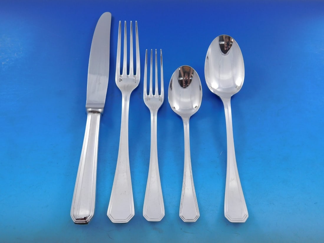 America by Christofle Silverplate Flatware Set for 12 60 Pieces Art Deco: America by Christofle Silverplate Flatware Set for 12 60 Pieces Art Deco Elevate your dining experience with this exquisite America by Christofle silverplate flatware service for 12, featuring a total