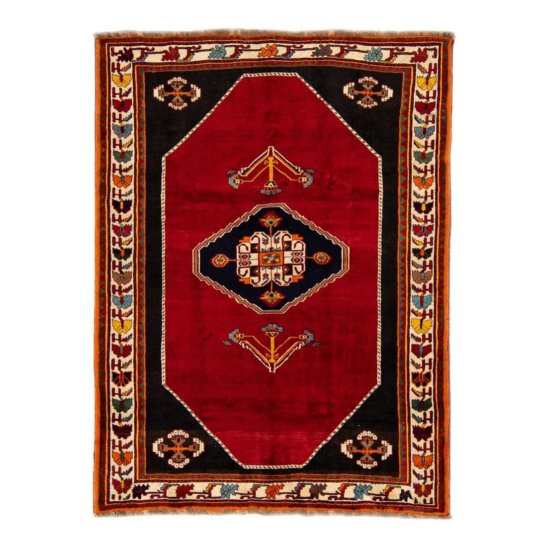 Antique Persian Shiraz Wool Rug Red Medallion Design 6'2 x 7'1: Antique Persian Shiraz Wool Rug Red Medallion Design 6'2 x 7'1 This exquisite Antique Persian Shiraz Handmade Wool rug showcases a stunning all-over red field, adorned with vibrant multi-color accents