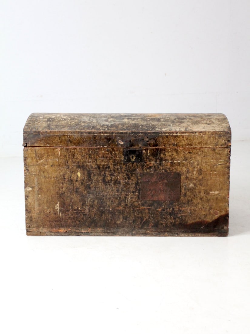 Antique 1877 Scandinavian Dome Top Trunk Solid Wood Storage: Antique 1877 Scandinavian Dome Top Trunk Solid Wood Storage This antique Scandinavian dome top trunk, dated 1877, adds rustic charm and historical significance to any interior. Crafted from solid wood