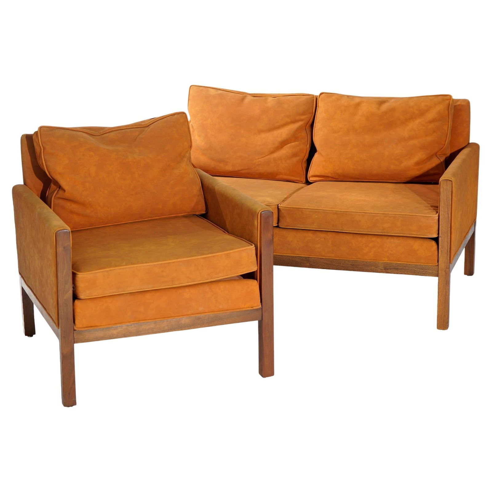 Set of Two Thomasville Walnut and Faux Leather Sofa and Chair Seating: Set of Two Thomasville Walnut and Faux Leather Sofa and Chair Seating This mid-century modern seating set includes a sofa and chair designed by Thomasville, crafted in the 20th century. Each piece fea