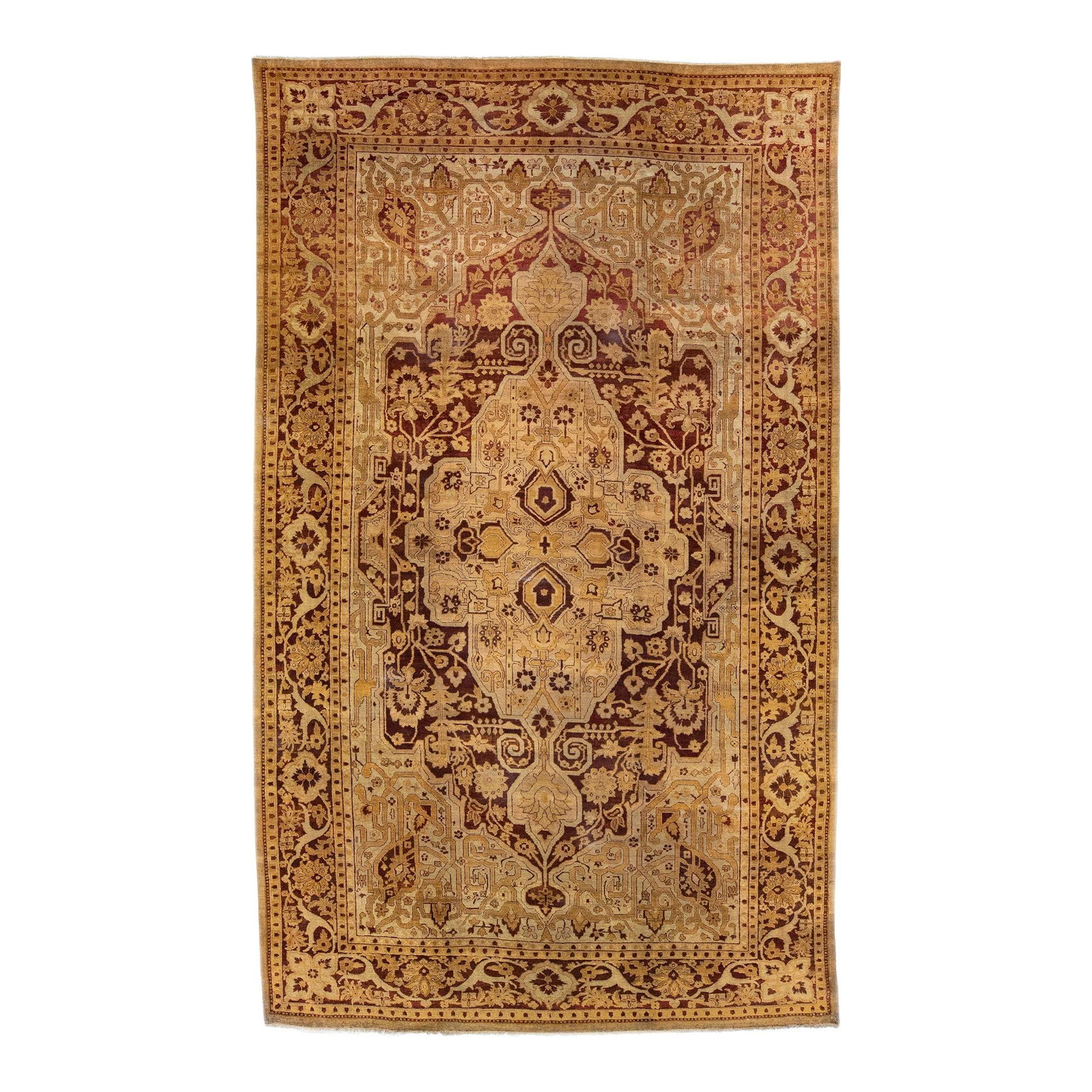 Antique Agra Handmade Wool Rug 10'1 x 16'10 Tan Burgundy Design: Antique Agra Handmade Wool Rug 10'1 x 16'10 Tan Burgundy Design Experience the elegance of this stunning antique Agra rug, meticulously hand-knotted from high-quality wool. Featuring a rich burgundy f