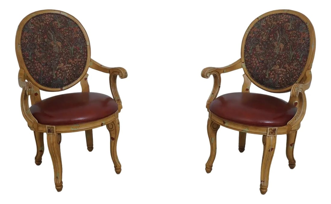 Century Safari Print Leather Armchairs Pair with Medallion Backs: Century Safari Print Leather Armchairs Pair with Medallion Backs This pair of Century Safari Print Leather Seat Armchairs showcases a blend of comfort and style, featuring factory distressed medallion
