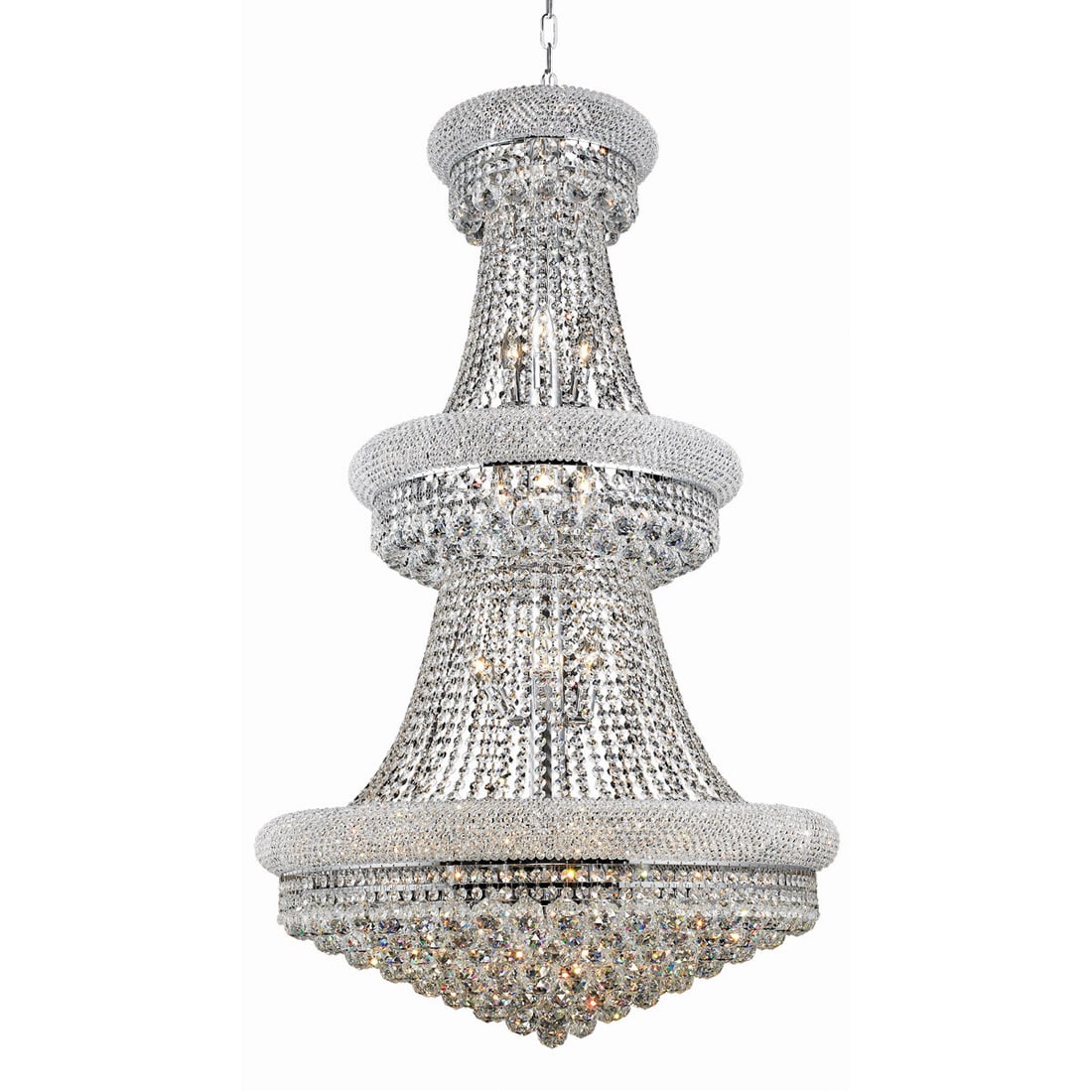 Primo 32-Light Chrome Empire Chandelier with K9 Crystal Accents 50 Inch: Primo 32-Light Chrome Empire Chandelier with K9 Crystal Accents 50 Inch This large empire-style chandelier features 32 lights and is designed for luxurious spaces such as foyers, living rooms, and din