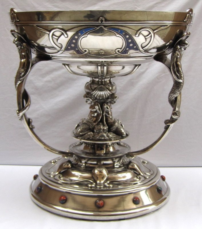 1903 Sterling Silver Enameled Centerpiece for King Edward VII: 1903 Sterling Silver Enameled Centerpiece for King Edward VII This magnificent Scottish Arts & Crafts centerpiece, crafted from sterling silver, was presented to King Edward VII in 1903 by the Glasgow