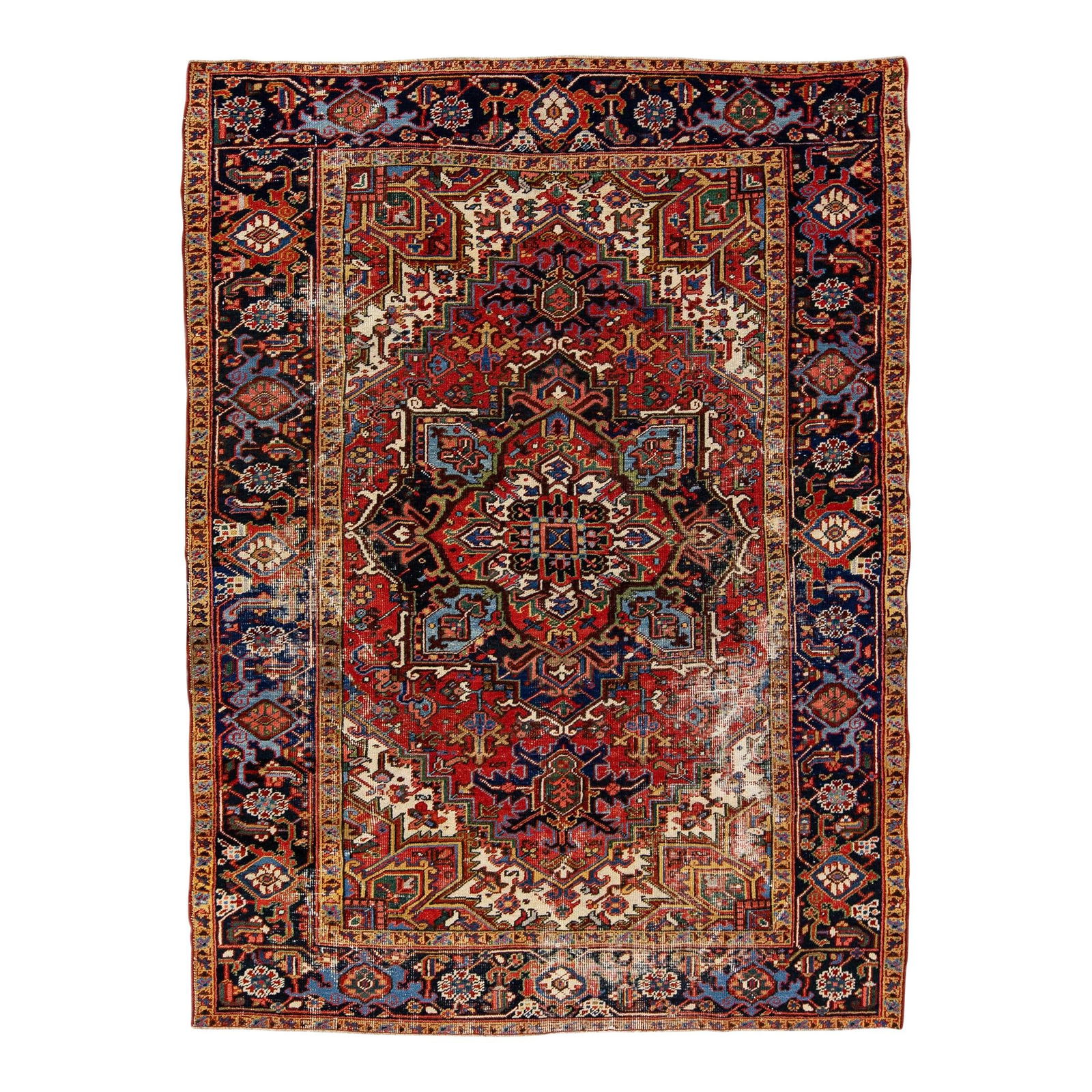 Antique Persian Heriz Red Wool Rug 6' x 8' Medallion Design: Antique Persian Heriz Red Wool Rug 6' x 8' Medallion Design This exquisite antique Heriz rug showcases a stunning hand-knotted wool construction with a vibrant red field. The design features a classic