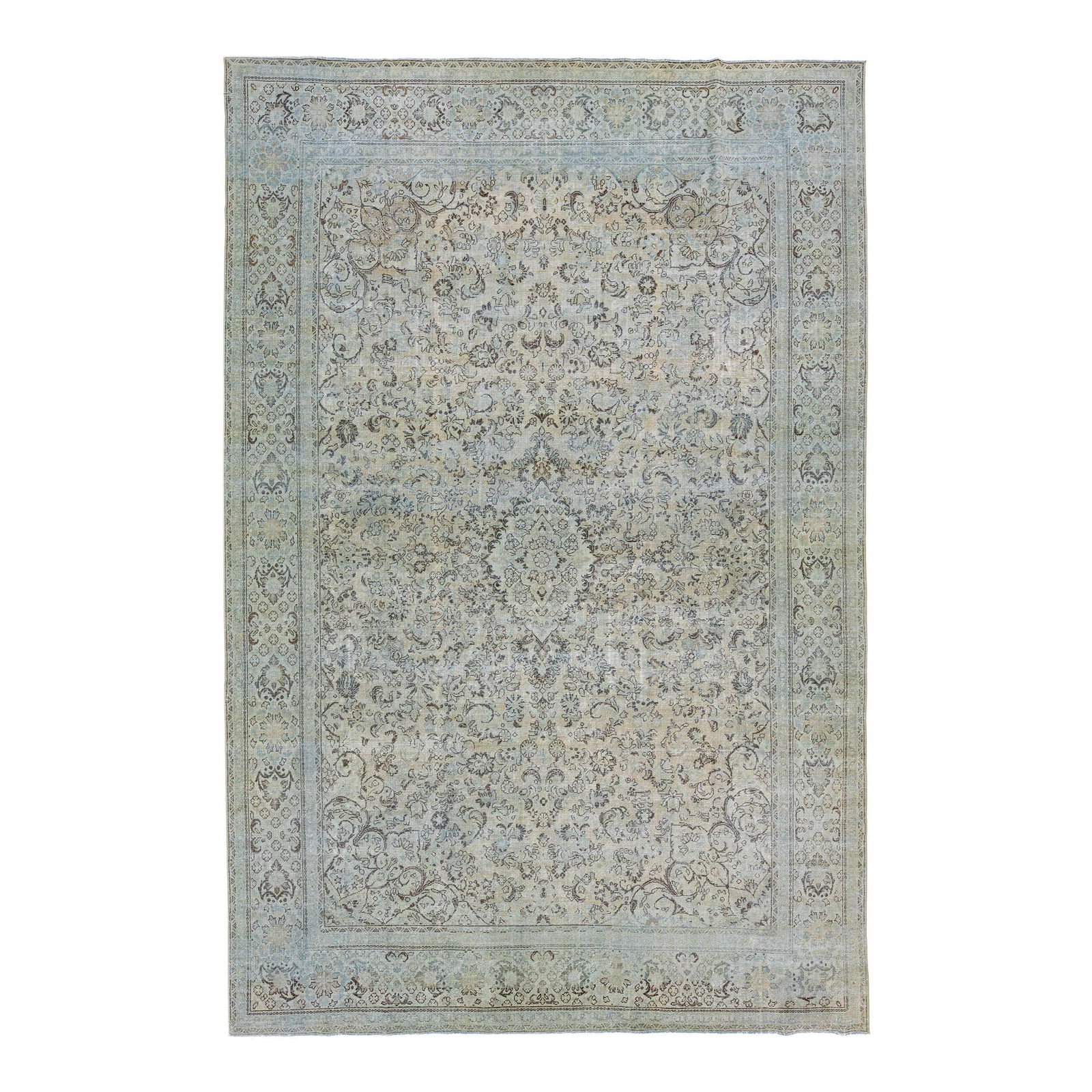 1930s Handmade Persian Mahal Beige Wool Rug 10' x 15'3' Medallion Design: 1930s Handmade Persian Mahal Beige Wool Rug 10' x 15'3' Medallion Design This exquisite 1930s handmade vintage Persian Mahal rug showcases a beautiful beige color field adorned with elegant blue and b