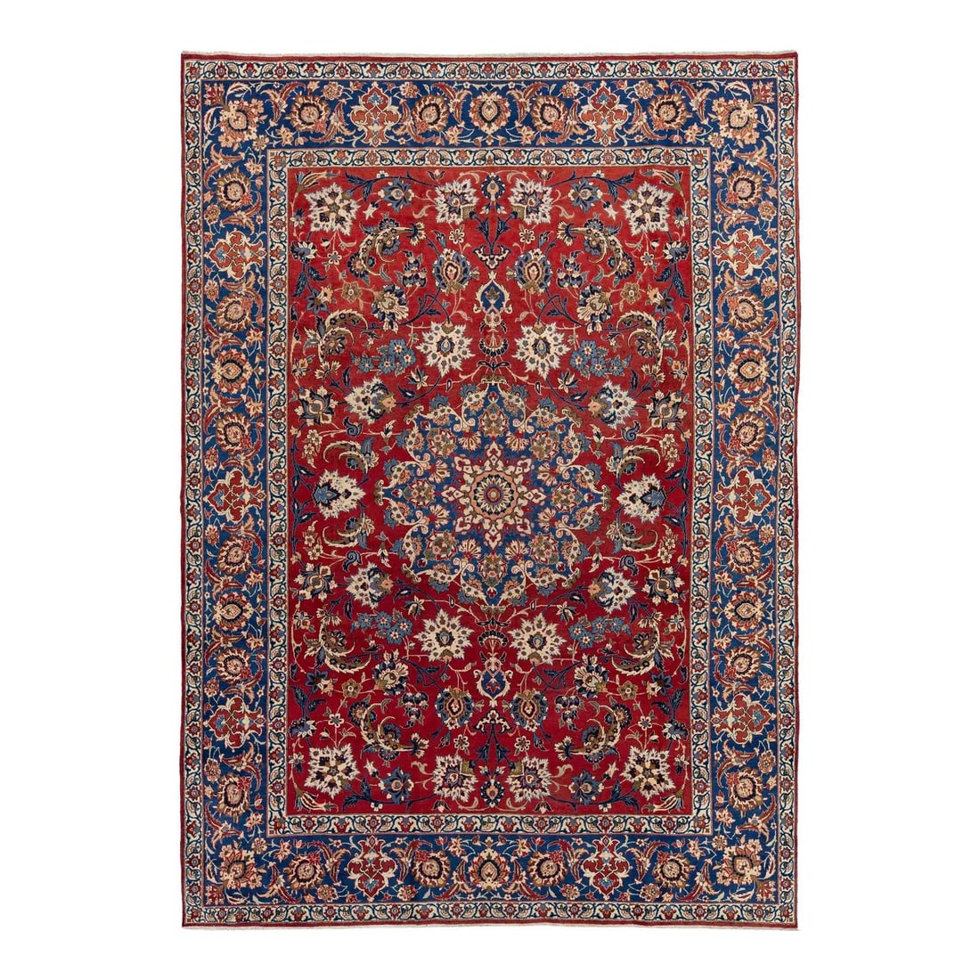Vintage 1950s Handknotted Isfahan Wool Rug Red Floral Design 8'7 x 12': Vintage 1950s Handknotted Isfahan Wool Rug Red Floral Design 8'7 x 12' Elevate your space with this exquisite 1950s hand-knotted Isfahan wool rug, showcasing a vibrant red field beautifully complement