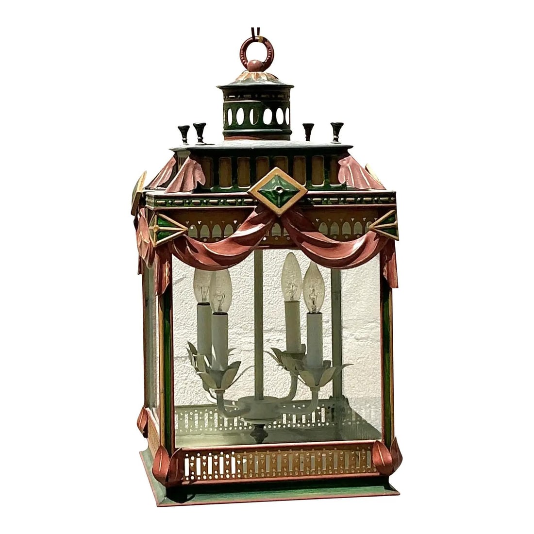 Vintage Regency Painted Swag Lantern 13 Square 24 High Forest Green Gold Finish: Vintage Regency Painted Swag Lantern 13 Square 24 High Forest Green Gold Finish Illuminate your space with this Vintage Regency Painted Swag Lantern, a stunning blend of theatrical design and exquisit