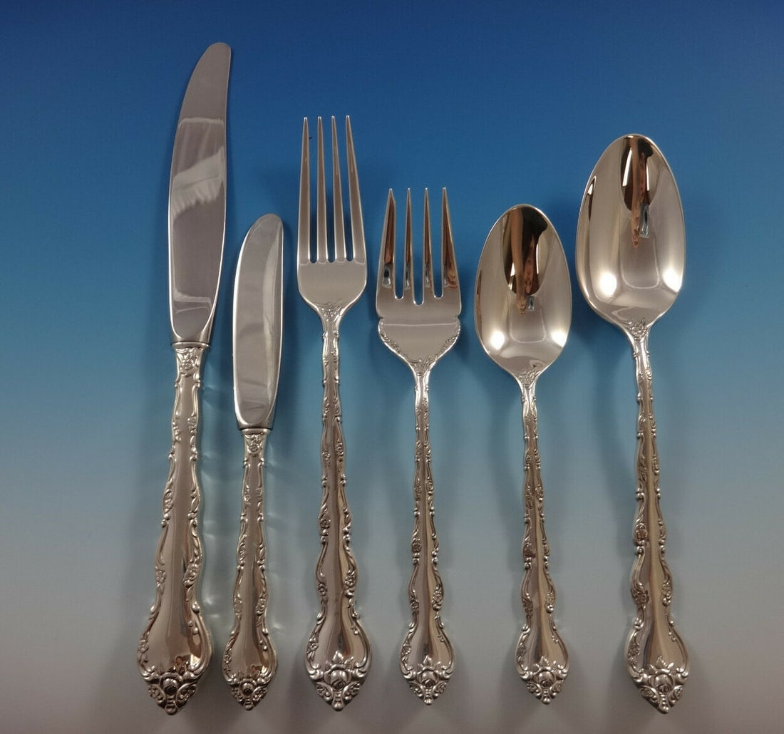 Wallace Feliciana Sterling Silver Flatware Set for 8 - 56 Pieces with Storage Chest: Wallace Feliciana Sterling Silver Flatware Set for 8 - 56 Pieces with Storage Chest Discover the elegance of the Feliciana flatware set by Wallace, crafted from high-quality sterling silver. This exqu