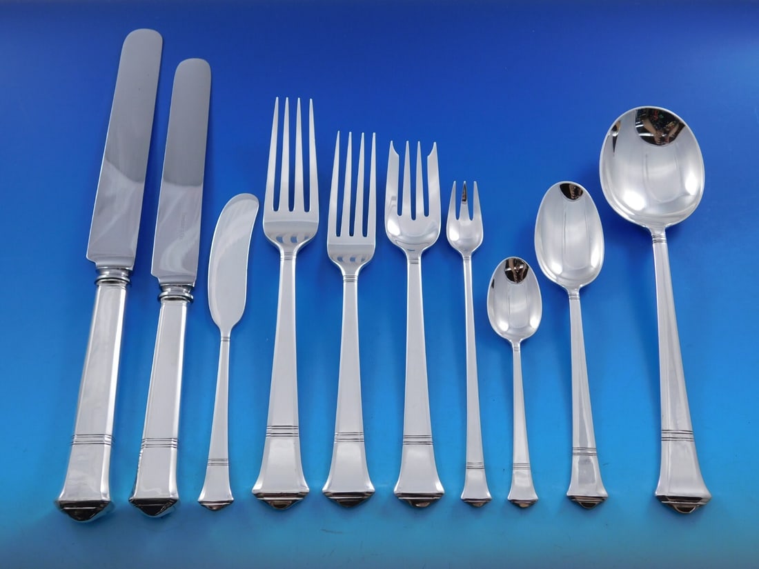 Tiffany & Co Windham Sterling Silver Flatware Set 120 pcs Art Deco: Tiffany & Co Windham Sterling Silver Flatware Set 120 pcs Art Deco This exquisite Windham flatware service set by Tiffany & Co. boasts 120 pieces of sterling silver, designed in the elegant Art Deco s