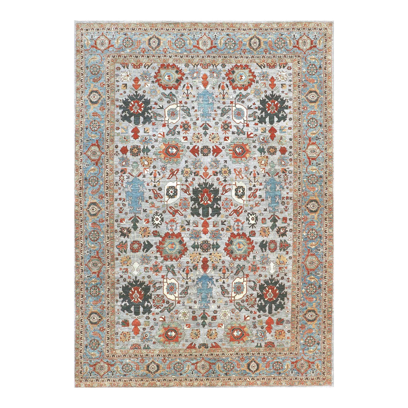 Vibrant Gray Wool Rug 10'2 x 14'3 Modern Floral Design: Vibrant Gray Wool Rug 10'2 x 14'3 Modern Floral Design Enhance your living space with this stunning modern handcrafted wool rug. It features a sophisticated gray field accented by a blue frame, beauti