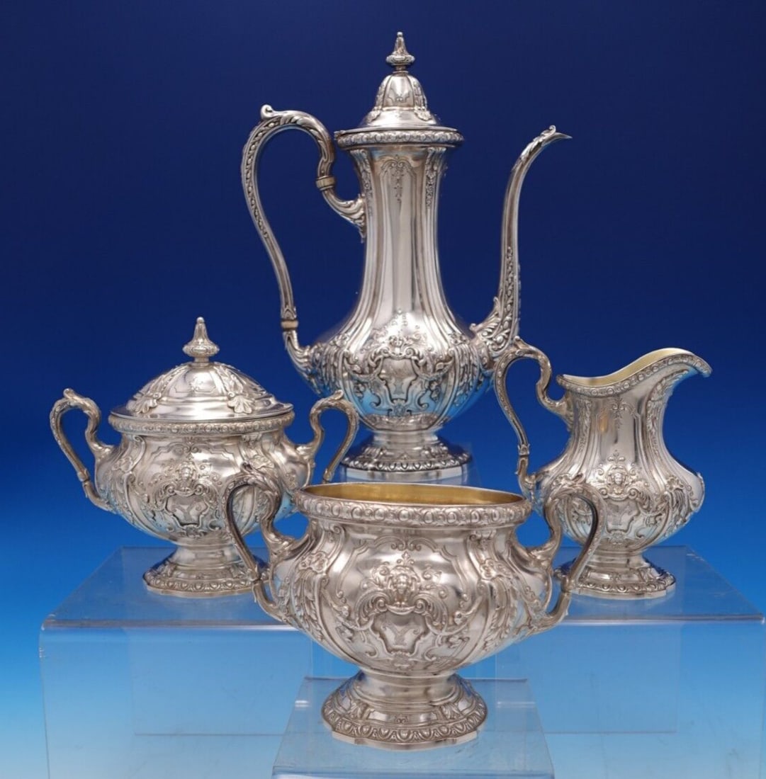 Reed and Barton Louis XV Sterling Silver 4pc Demitasse Set: Reed and Barton Louis XV Sterling Silver 4pc Demitasse Set Experience the elegance of the Louis XV Sterling Silver Demitasse Set by Reed and Barton, a stunning four-piece tea/coffee set crafted from h